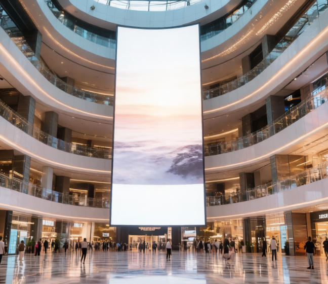 A Towering Digital Landmark in a Shopping Mall Made Possible by Flexible LED Modules